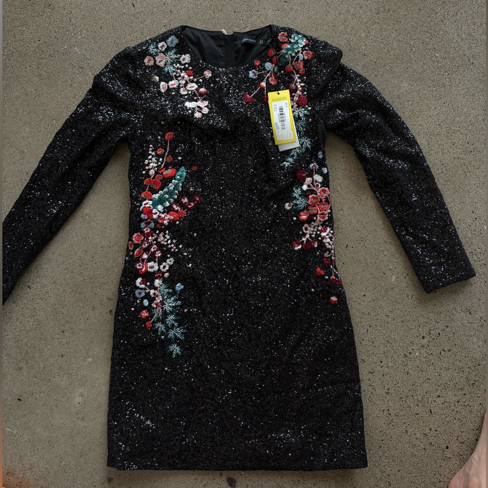 Karen Millen Black Sequin Dress with Red & Green Floral Embroidery